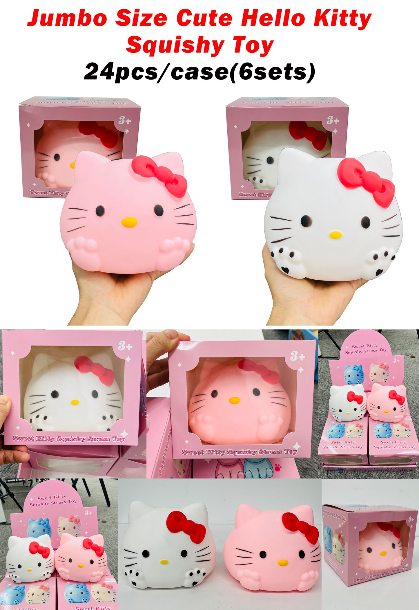 Large Kawaii Jumbo Sweet Hello Kitty Squishy Stress Toy Soft Giant Kitty Cat Squeeze Fidget Ball Anxiety Relief Gift for Girls Kids Adults-CNLCA