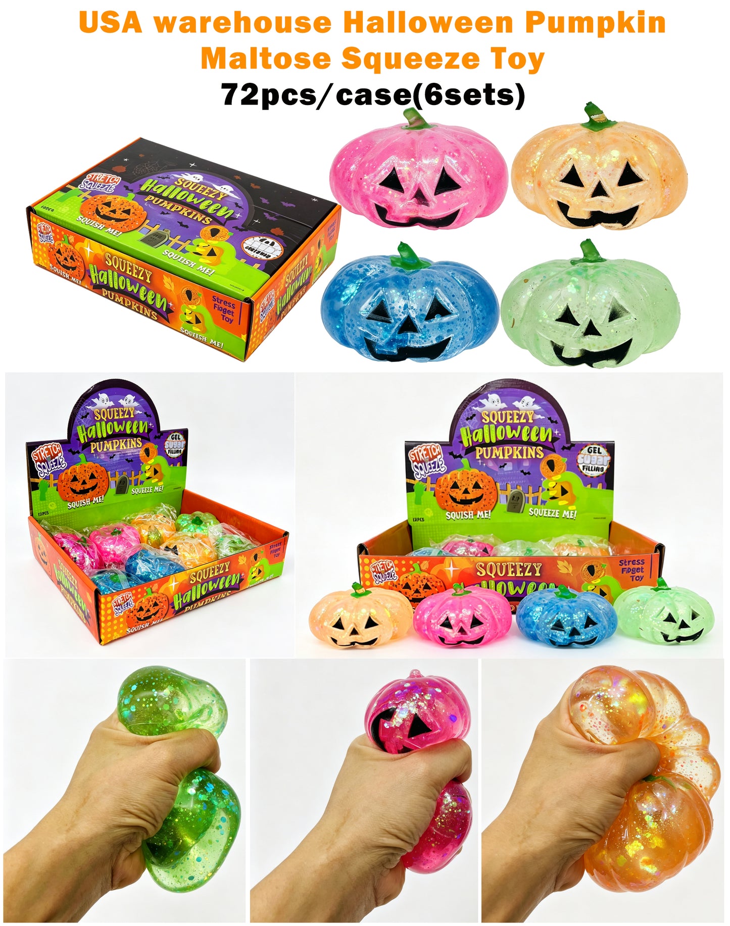 Halloween Glitter Sparkling Pumpkin Maltose Filled Squishy Toys Stress Relief Sensory Fidget Toy-CNLCA