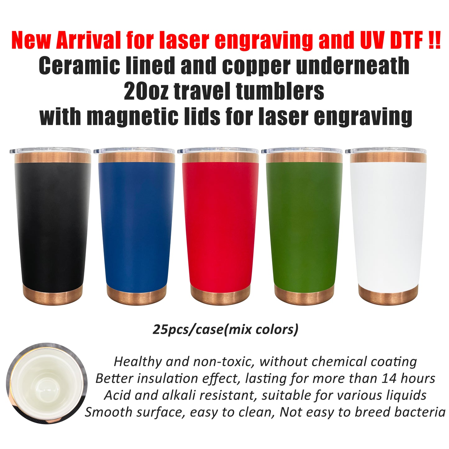 20oz Magnetic Lid Ceramic Lined Copper Plated Underneath Powder Coated Stainless Steel Car Coffee Tumbler for Laser-CNLCA