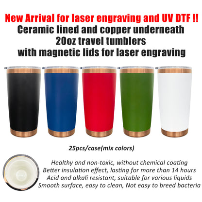 20oz Magnetic Lid Ceramic Lined Copper Plated Underneath Powder Coated Stainless Steel Car Coffee Tumbler for Laser-CNLCA