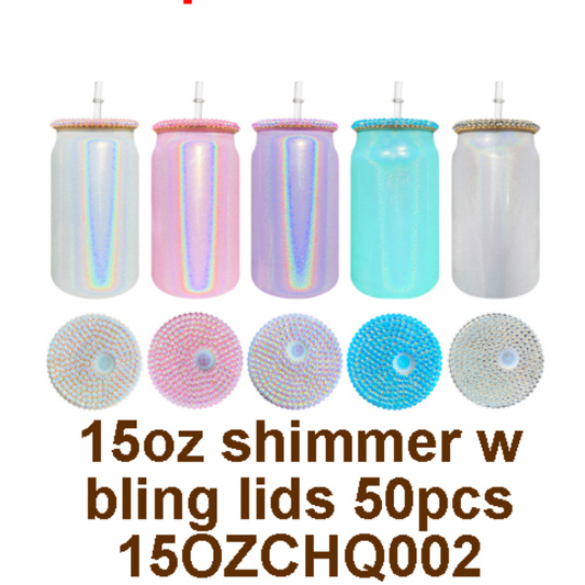 15oz Rhinestone Bling Lid Blank Sublimation Shimmer Glitter Sodium Calcium Glass Can Tumbler-CNLCA