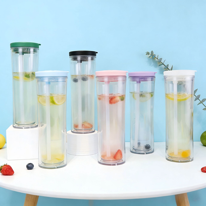 20oz Curved Flip Straw Double Wall Snow Globe Plastic Water Bottle-CNLCA