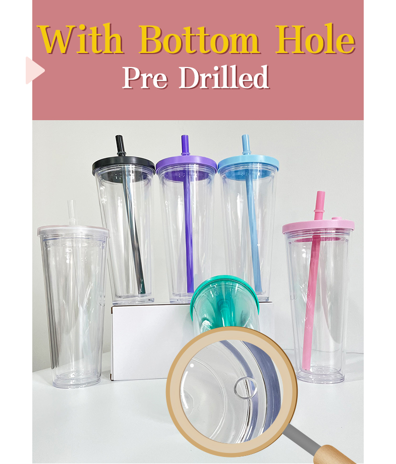 24oz Double Wall Snow Globe Boba Plastic Acrylic Tapered Cup Tumbler with Predrilled Hole-CNLCA