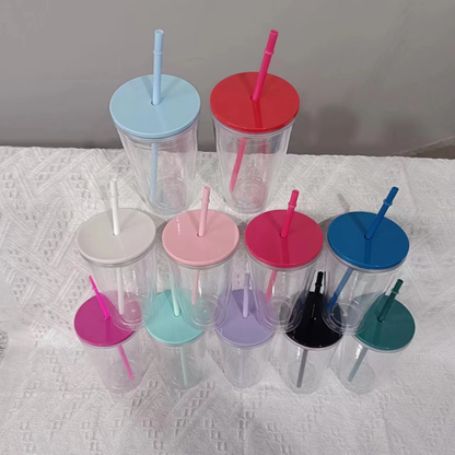 16oz Double Wall Snow Globe Tapered Plastic Cup Tumbler with Pre-drilled Hole and Plug Color Lid-CNLCA