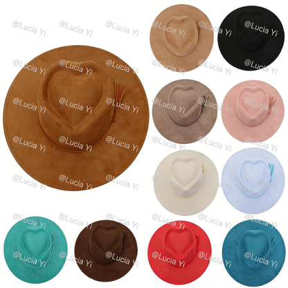 Men Women Gentleman's Cap Love-shaped Top Broad-Brimmed Bowler Jazz Hat Vegan Leather Fedora Hats with Tassel for Laser-CNLCA