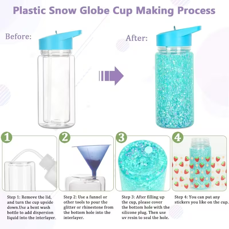 10oz Double Wall Blank Snow Globe Tumbler Kids Flip Straw Plastic Cup Water Bottle-CNLCA