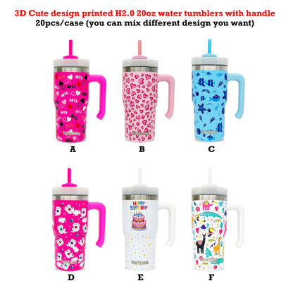 3D Cute Design Printed 20oz H2.0 Kids Tumbler Mug with Handle-CNLCA