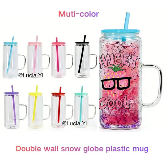 12oz 16oz Muti Color Double Wall Snow Globe Plastic Cup Tumbler with Handle Pre Drilled Hole and Plug-CNLCA