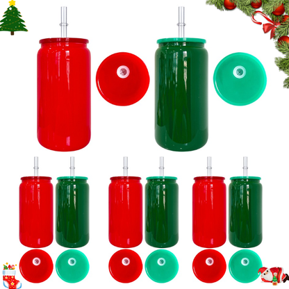 16oz Christmas Red Green Color Glass Can with PP Lids Beer Can-USLCA