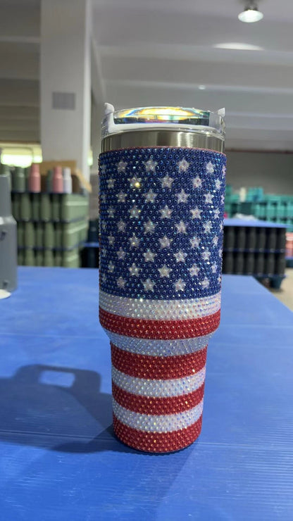 40oz Bling Cow /Flag Rhinestone Tumbler With Handle -CNLCA