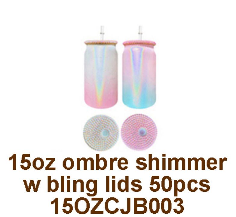 15oz Rhinestone Bling Lid Blank Sublimation Shimmer Glitter Sodium Calcium Glass Can Tumbler-CNLCA