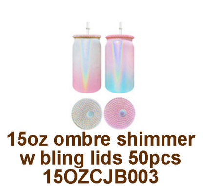 15oz Rhinestone Bling Lid Blank Sublimation Shimmer Glitter Sodium Calcium Glass Can Tumbler-CNLCA