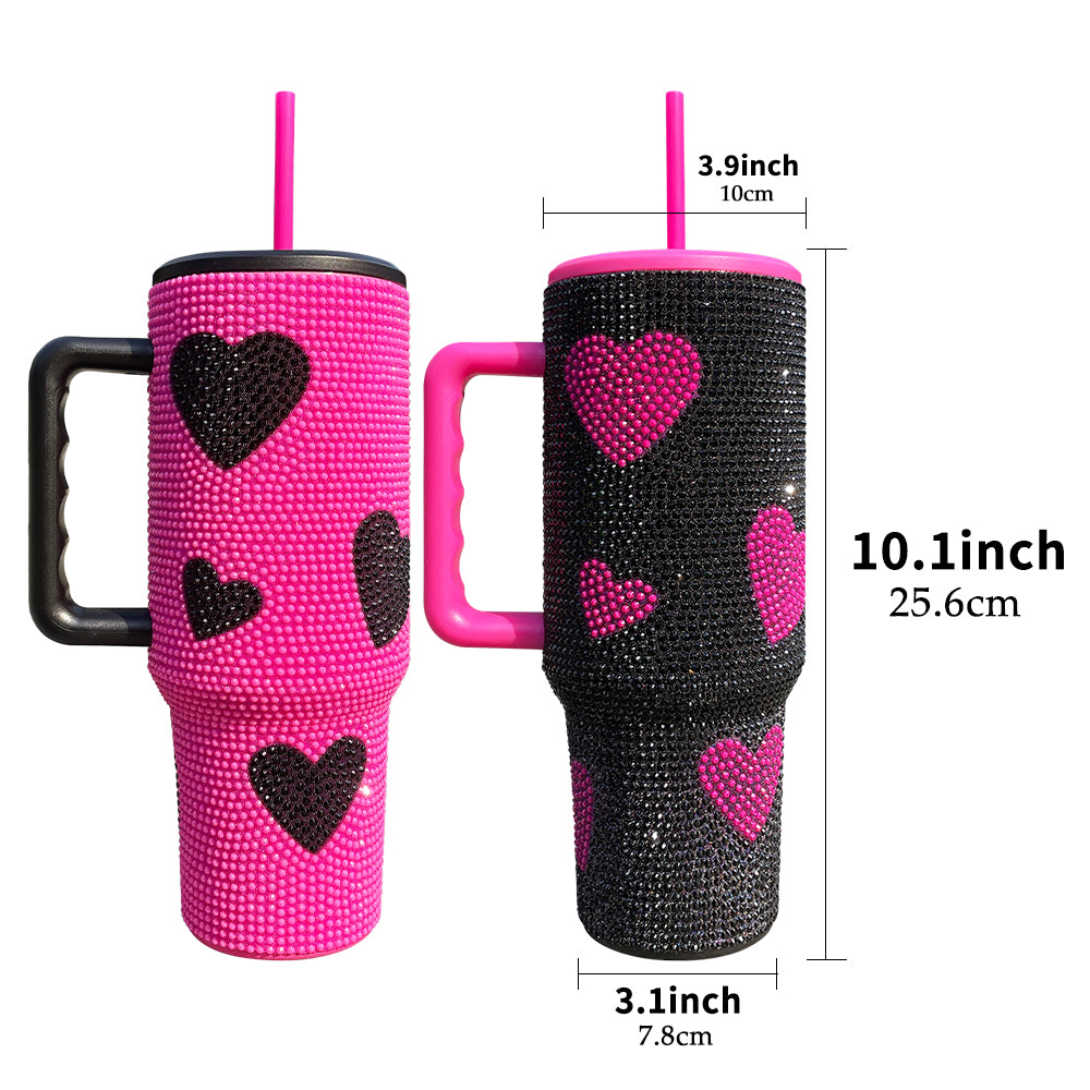 Hot Pink Black 40oz Sweet Heart Print Diamond Rhinestone Bling Stainless Steel Tumblers-CNLCA