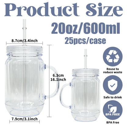 20oz Double Wall Snow Globe Plastic Mason Jar With Handle No Pre-drilled Hole-CNLCA