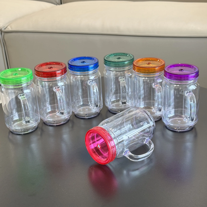 20oz Colorful Lid Double Wall Snow Globe Plastic Mason Jar With Pre-drilled Hole & Plug-CNLCA