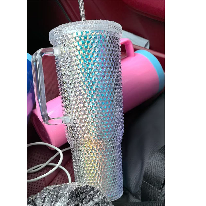 Large Capacity 40oz Diamond Studded Plastic Cup Tumbler with Handle-CNLCA