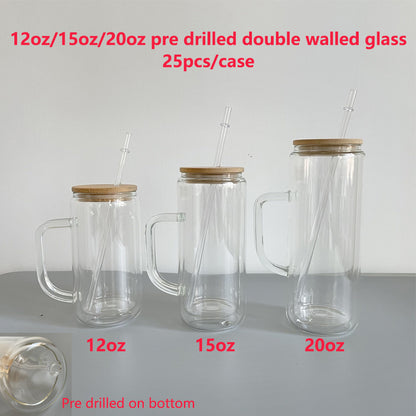 15oz Snow Globe Double Wall Glass Cans Mugs With Bamboo Lid - USLCA