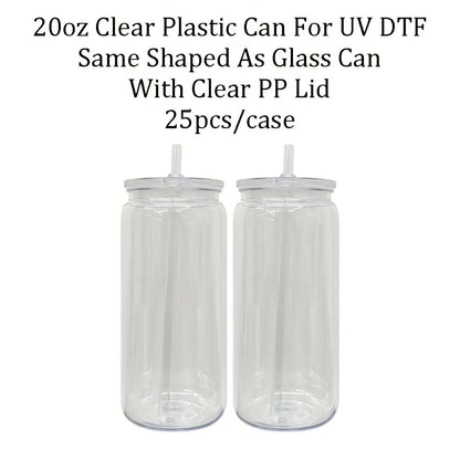 10Pack/25Pack 20oz Can Shaped Clear Transparent Plastic Can Cups With Lid With Straw For UV DTF Wrap-CNLCA