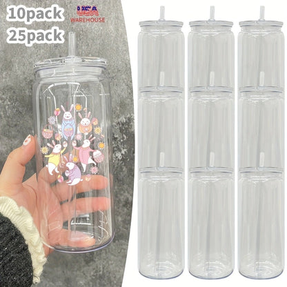 10Pack/25Pack 20oz Can Shaped Clear Transparent Plastic Can Cups With Lid With Straw For UV DTF Wrap-CNLCA
