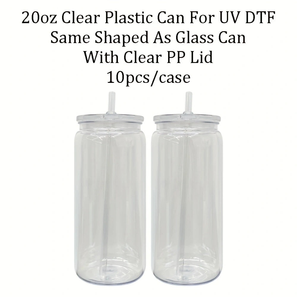 10Pack/25Pack 20oz Can Shaped Clear Transparent Plastic Can Cups With Lid With Straw For UV DTF Wrap-CNLCA