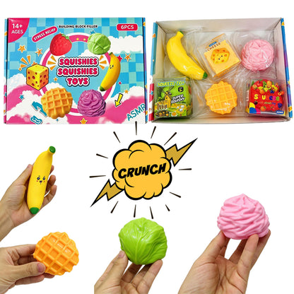 48Pcs 6 In 1 Crunchy Food Shape Squishy Toy Set Strawberry Cabbage Waffle Cheese Banana ASMR Crinkle Sound Squishies Fidget Toys-CNLCA