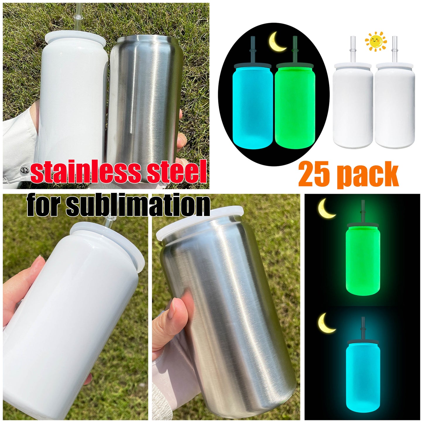 16oz Glow In The Dark Blank Sublimation Stainless Steel Metal Can Tumbler-CNLCA