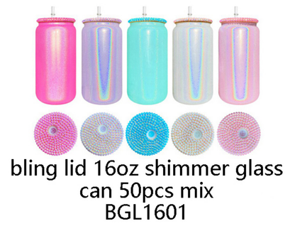 BGL1601 16oz Bling Lid Holographic Shimmer Glitter Blank Sublimation With Bling Rhinestone Plastic Lid-CNLCA